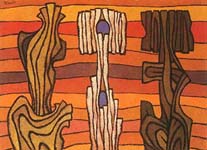 Three Figures in a landscape, 1974, woodfiber board, tempera, 94.5X122.5cm